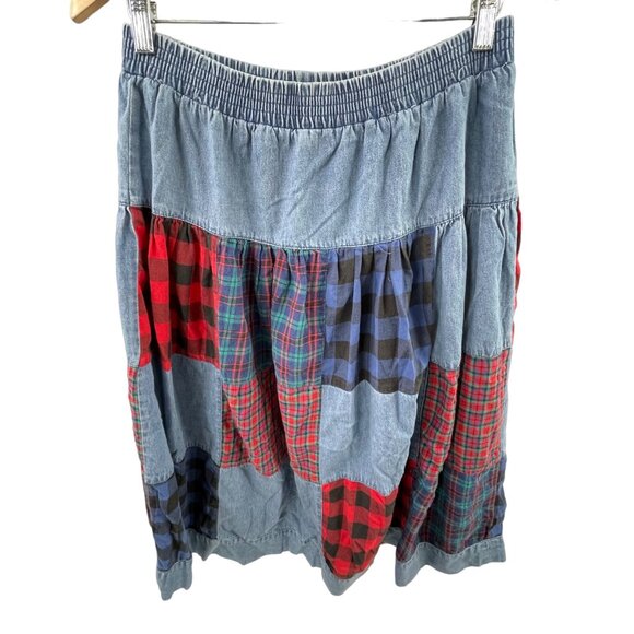 Vintage 90s Susan Bristol Patchwork Skirt Size 10 Plaid Denim Flannel Chambray - Picture 1 of 10